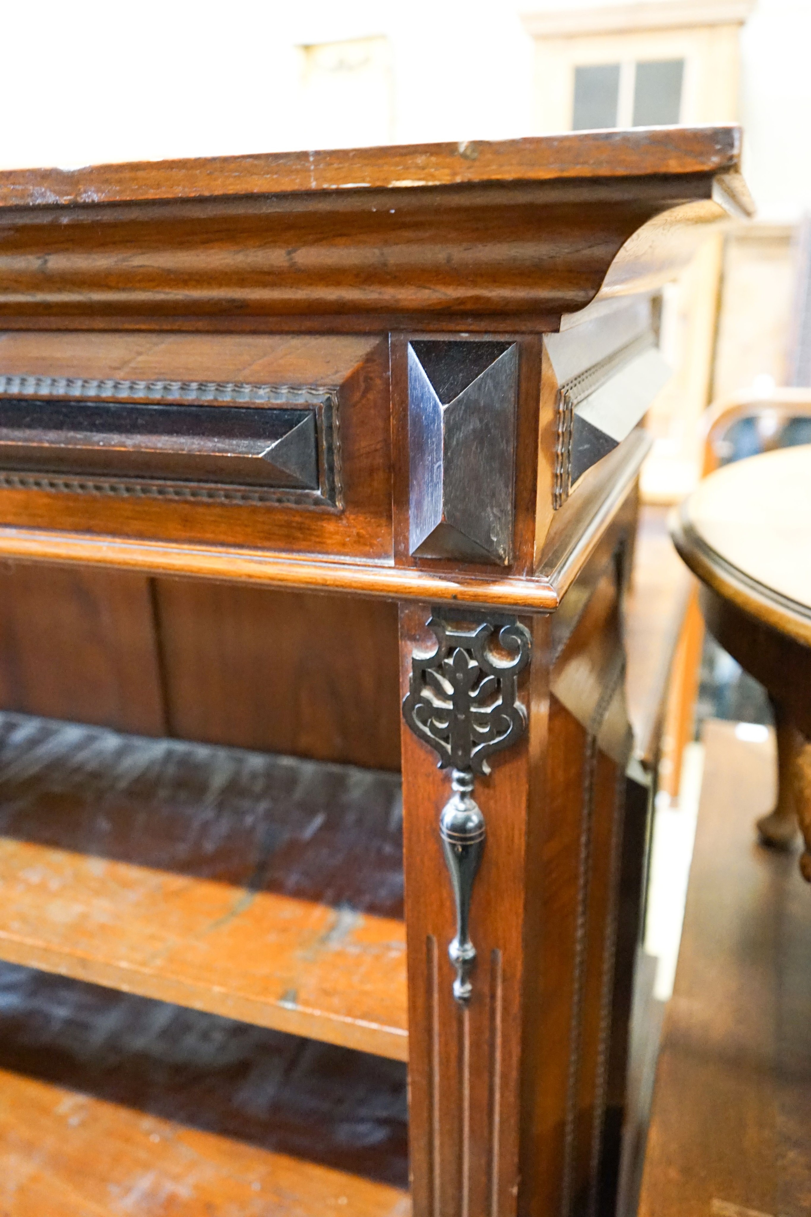 A 19th century Dutch mahogany and ebonised three-tier open bookcase of large proportions, length 216cm, depth 48cm, height 150cm